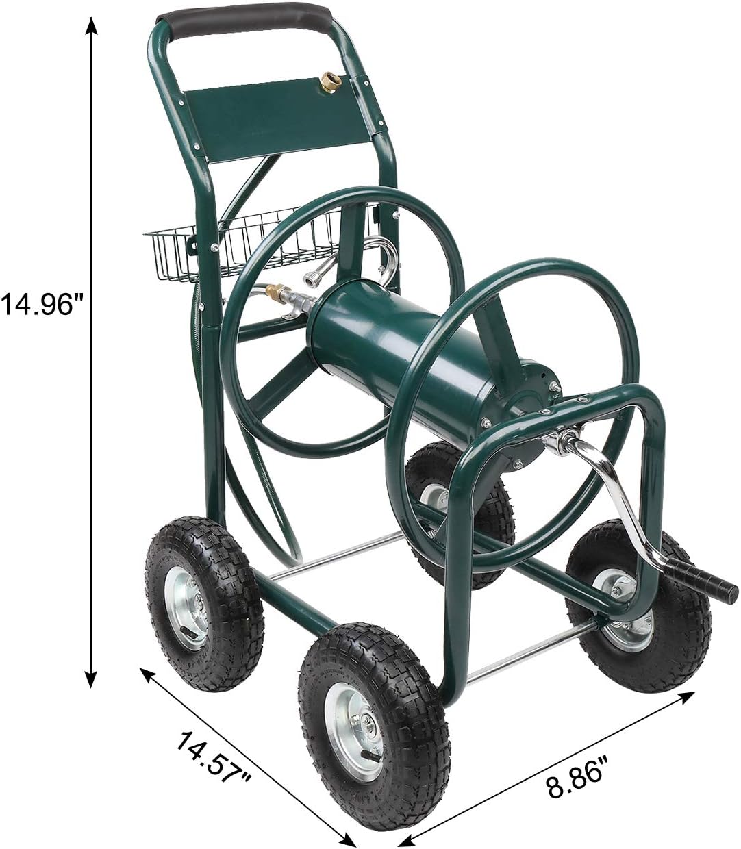 Garden Hose Reel Cart 4 Wheels Portable with Storage Basket Rust Resistant Heavy Duty Yard Water Hose Holder Planting Holds Hose Lawn Watering Outdoor