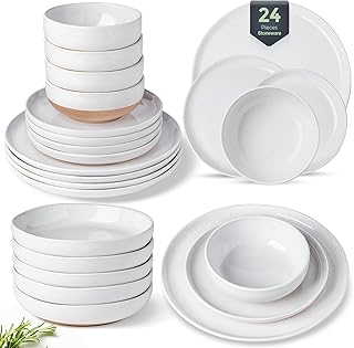 AmorArc Ceramic Dinnerware Sets with Pasta Bowls for 6, Handpainted Plates and Bowls Set with Rustic Terracotta Underside, Scratch Resistant Dishes Set, Dishwasher & Microwave Safe, 24 Pcs
