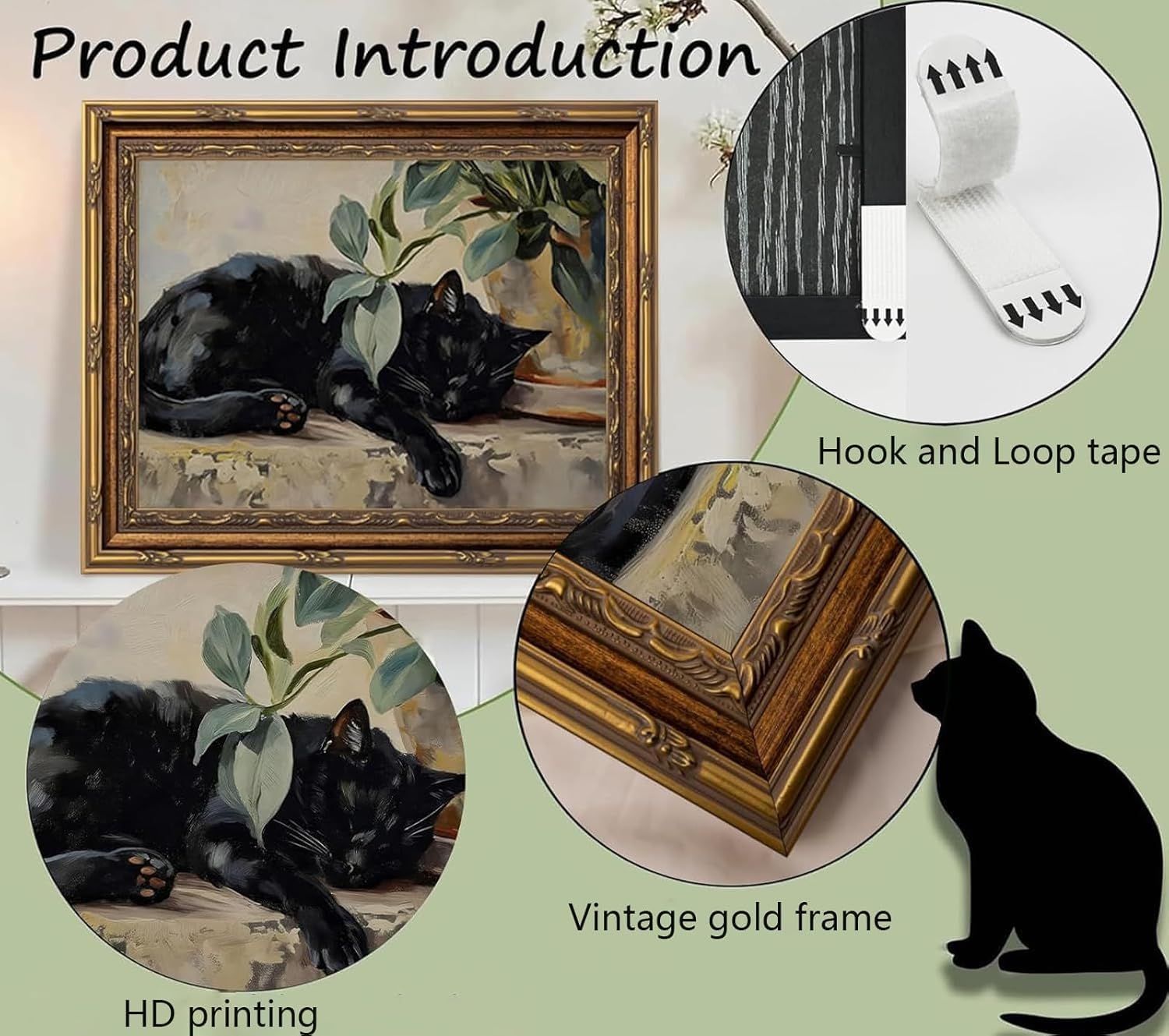 Kabcod Gold Framed Black Cat Canvas Wall Art, Vintage Sleeping Cat with Plant Picture Wall Decor Paintings, Cute Animal Poster Prints Rustic Aesthetic Decor for Living room Bedroom Bathroom 12x16 inch