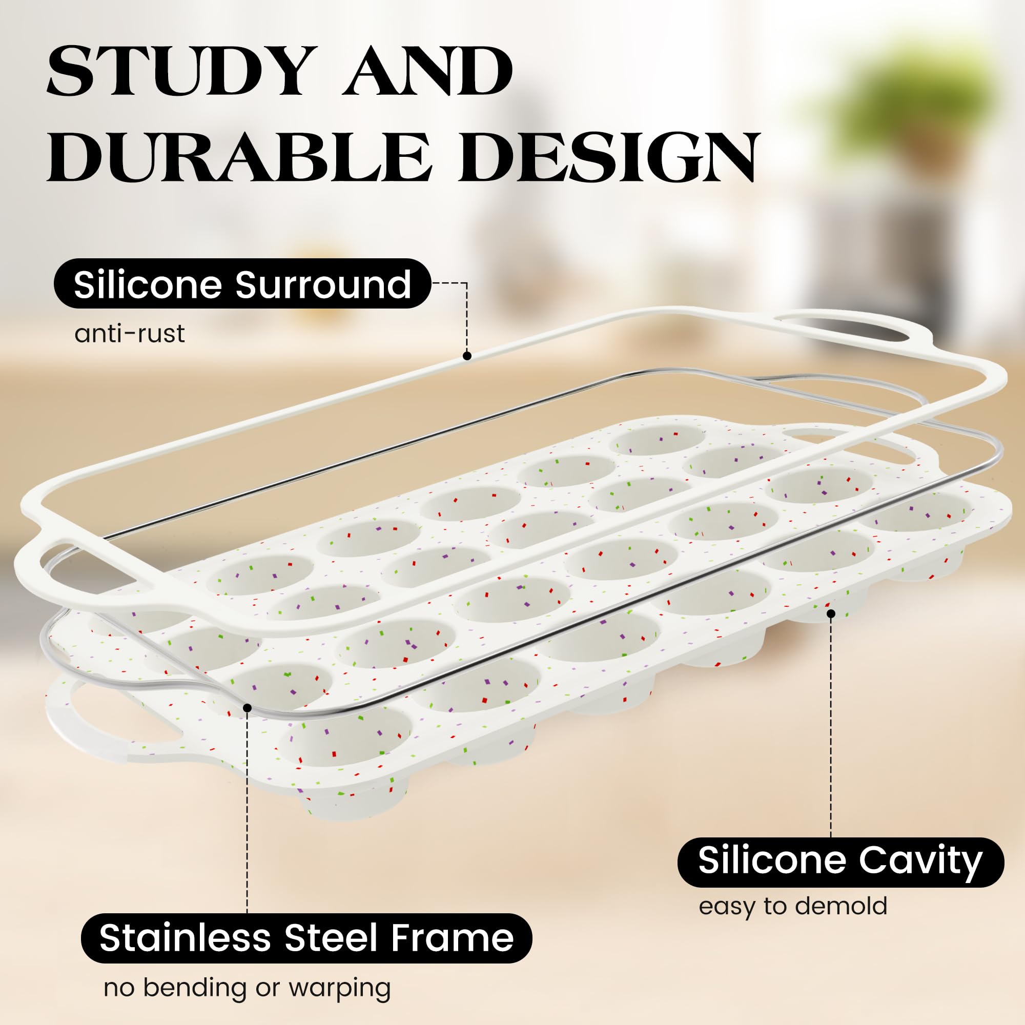 1 mini molde de silicona para magdalenas con marco de metal, bandeja antiadherente para magdalenas de 24 tazas para hornear, moldes pequeños para magdalenas con asas (crema) 2
