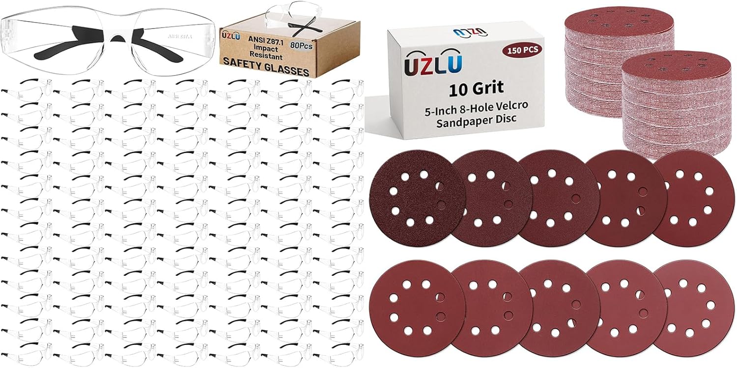 80 PCS Clear Safety Glasses Bulk for Men Women ANSI Z87.1 + 150 PCS 5 Inch Sanding Discs, 8-Hole Round Hook and Loop Sanding Pads 10 Grades Include 60 120 240 400 600 800 1000 1200 1500 2000 Grit