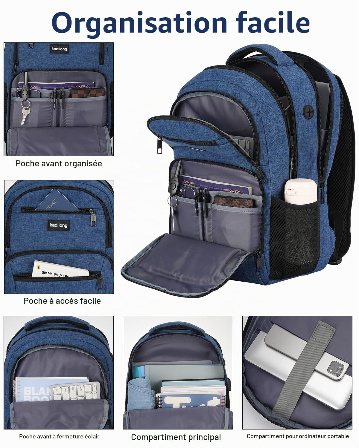 kadilong Sac à dos pour ordinateur portable - Sac à dos pour homme - Sac à dos d'école pour adolescents et garçons - Antivol avec chargeur USB et compartiment pour ordinateur portable