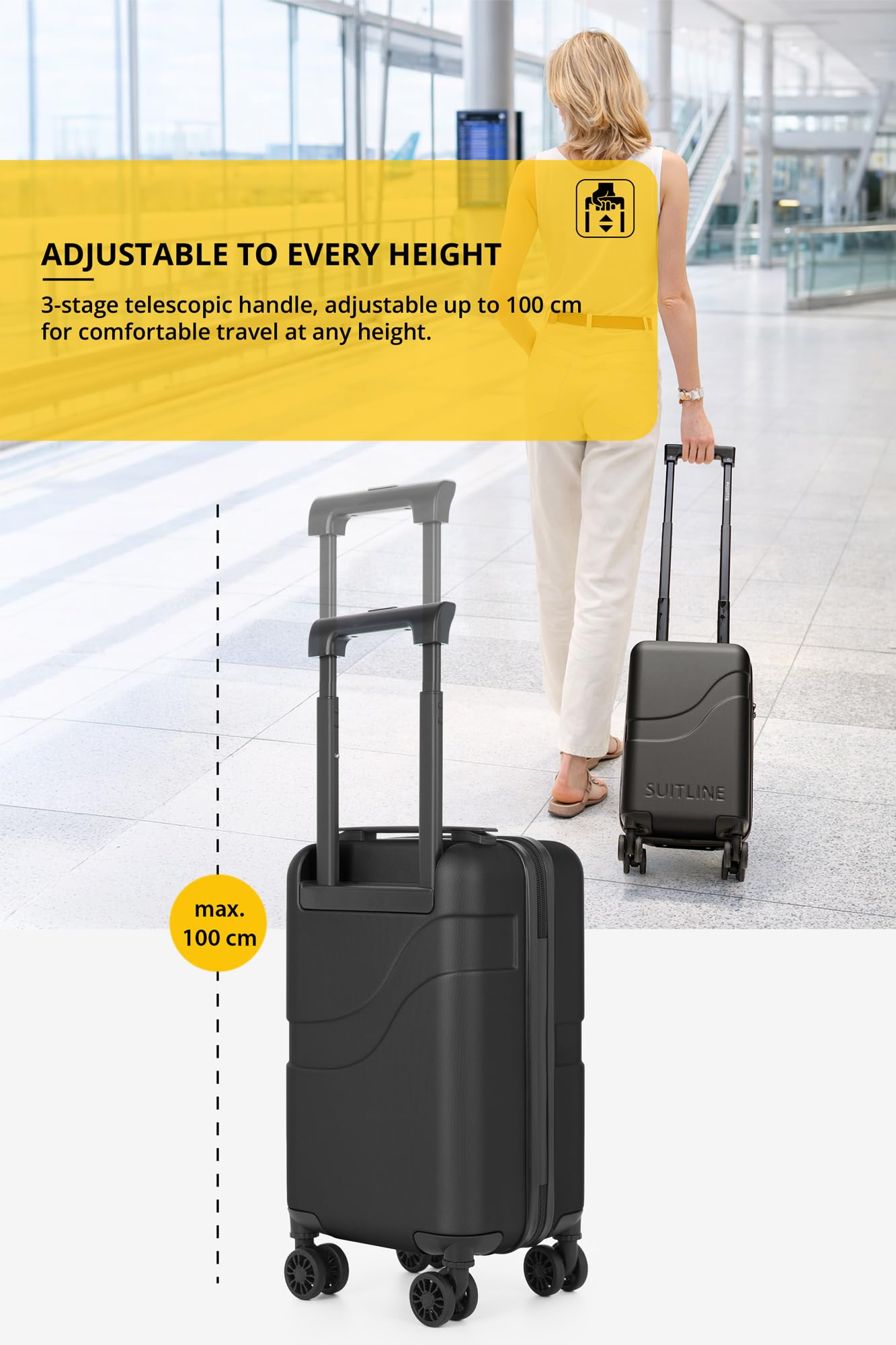 SUITLINE Clix-Lite - Valigia piccola da sottosedile 40x20x25 cm, Bagaglio a mano ruote staccabili, Altezza totale 47 cm, Mini Trolley rigido da Viaggio Aereo, Cabin bag max 20L, Nero
