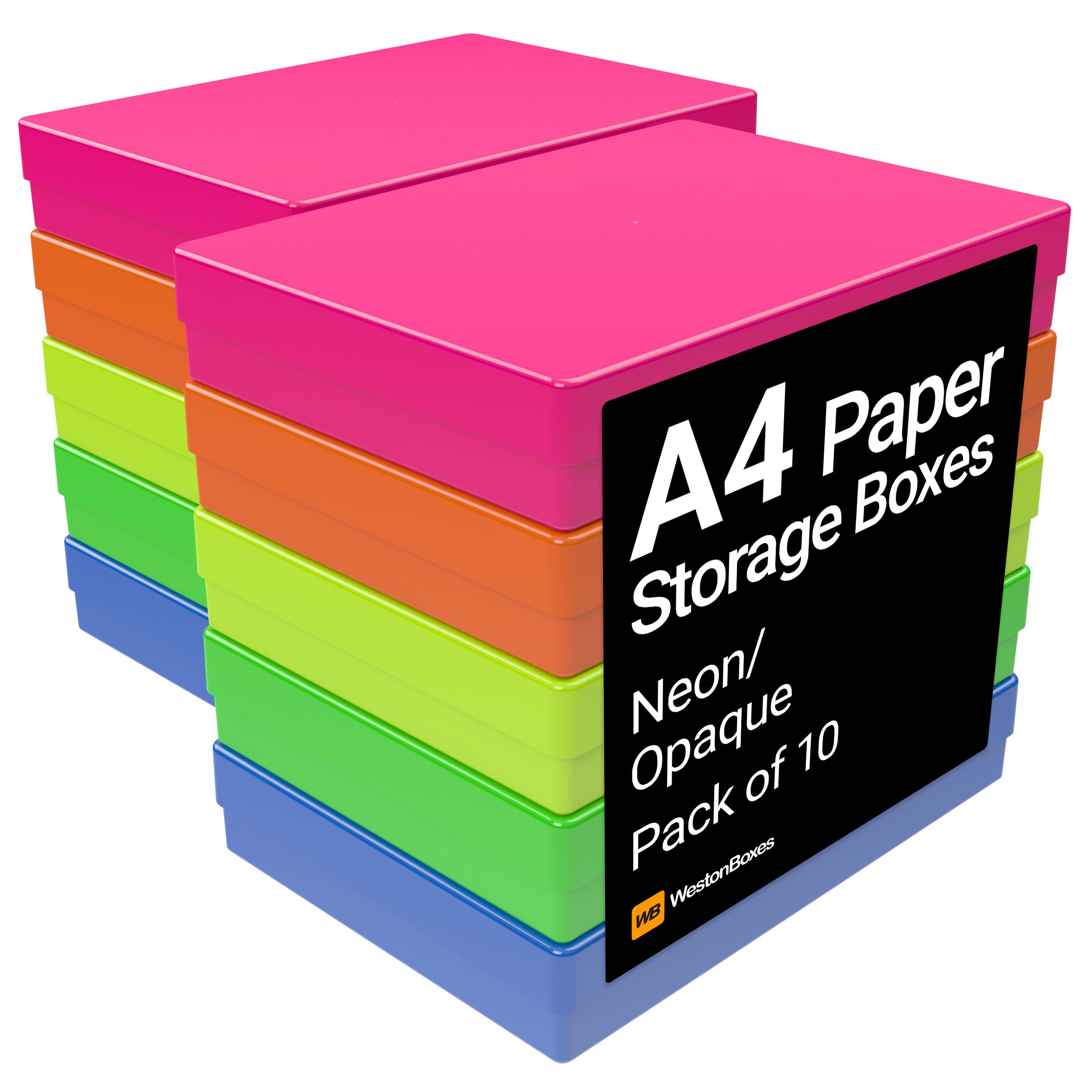 Westonboxes Neon Mix / Opaque A4 Colourful Transparent Plastic Craft Storage Boxes With Lids For Art Supplies, Paper And Card (Neon Mix/Opaque, Pack Of 10)