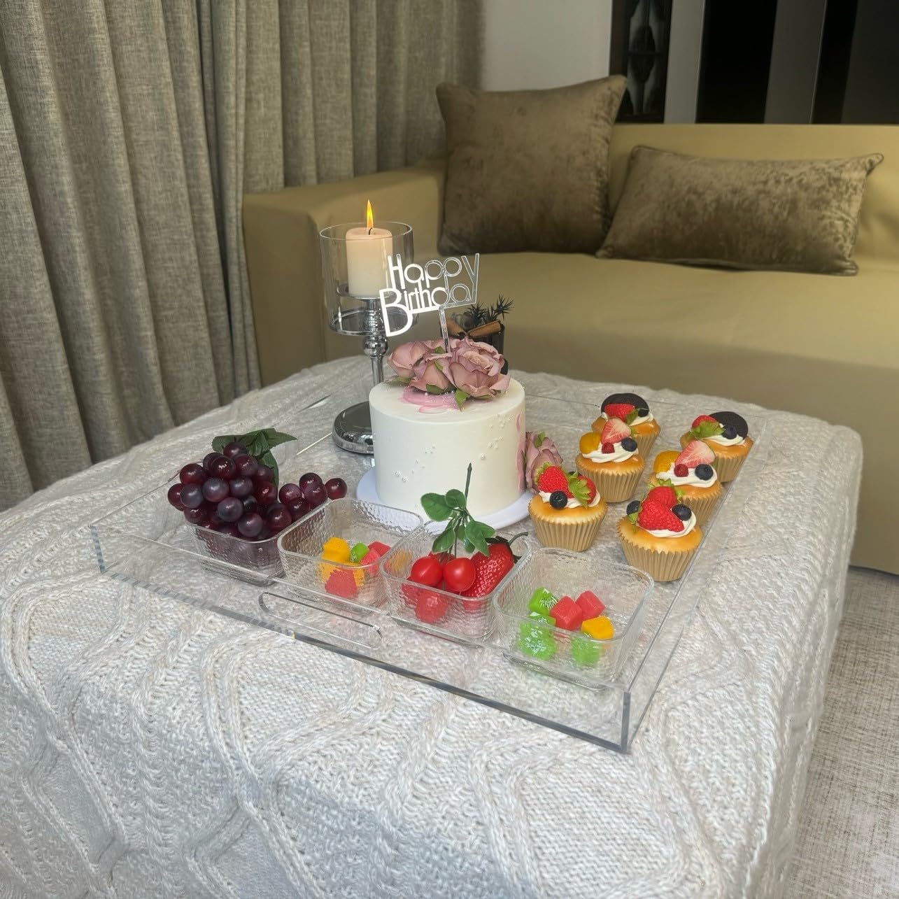 Clear Acrylic Ottoman Tray with Cutout Handles 20x20 Inch Over Sized Serving Tray, Organizer Rubber Boot Tray Decorative for Living Room Bedroom,Bathroom and Entryway Kitchen Tabletop - Image 3