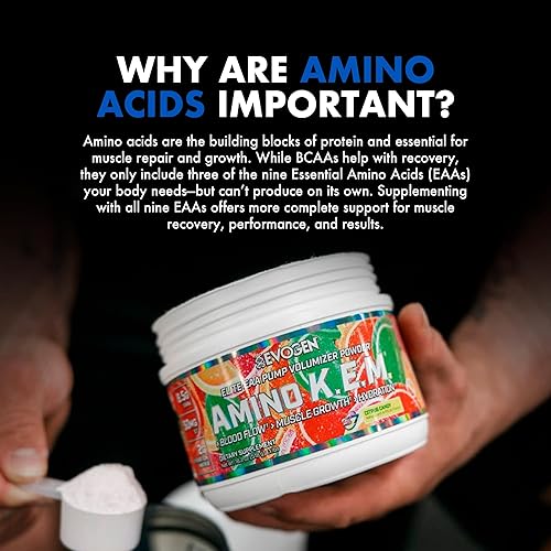 Vista 61 de Evogen Amino K.E.M. - Volumizador de bomba de polvo EAA y BCAA Suplemento de aminoácidos BCAA para flujo sanguíneo, crecimiento muscular e