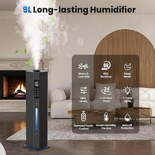 Miniatura 4 de Humidifiers for Bedroom - GloryAir 2.38Gal9L Top Fill Warm & Cool Mist Humidifier for Large Room 750ft with Auto Mode 7-Color Light, Humidistat,