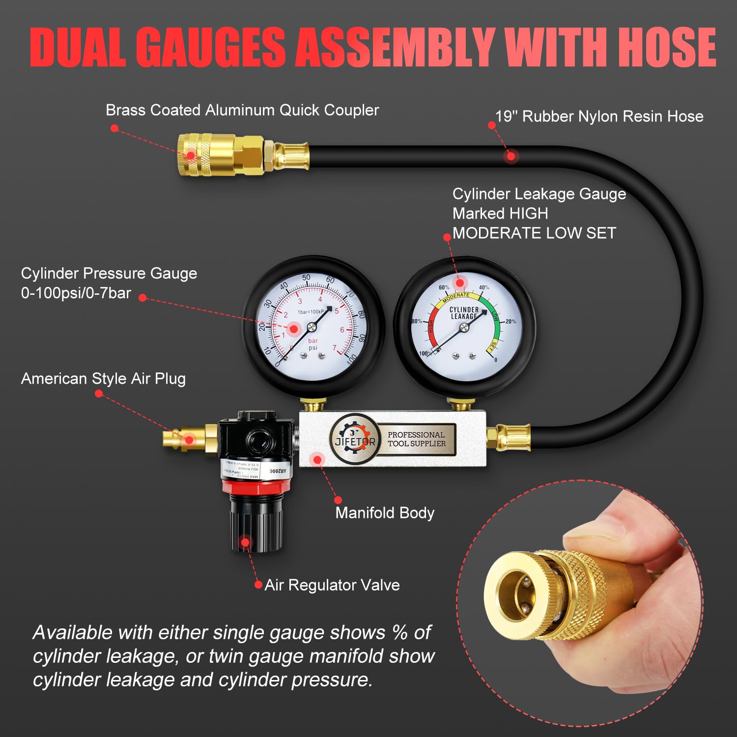 JIFETOR Kit de probador de fugas de cilindro, medidor de presión dual profesional, detector de fugas de compresión del motor, juego de prueba de fugas para motor de gasolina con bujías de 10 12 14 mm