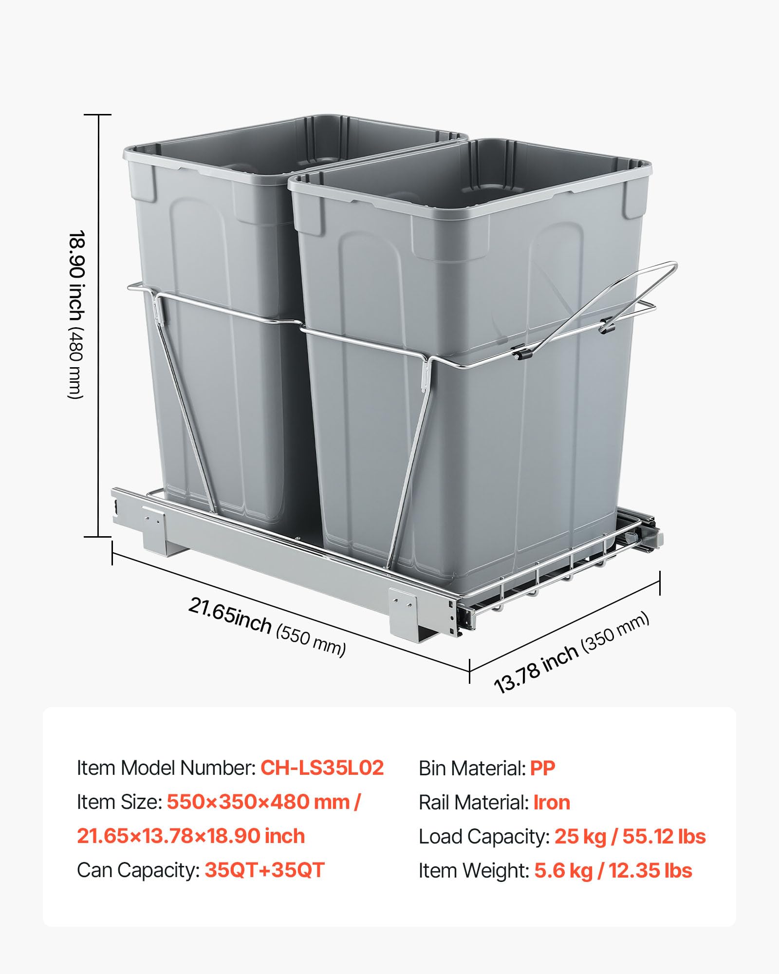 VEVOR ausziehbarer Mülleimer (35 Qt + 35 Qt) für Küchenschränke, doppelter Mülleimer unter der Spüle, Müllbehälter für unter die Spüle, mit robustem Vollauszug-Schiebesystem aus Metall & Griff