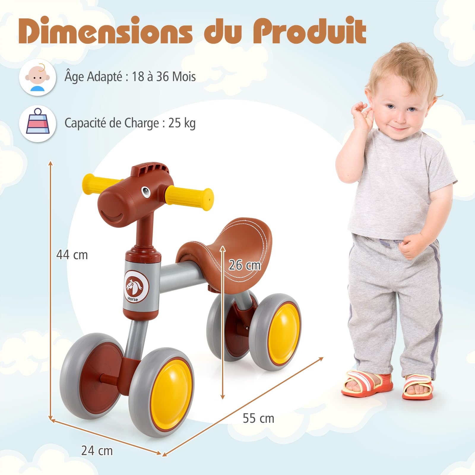 COSTWAY Draisienne Bébé Légère en Forme Tête de Cheval avec Siège & Guidon, Vélo Bébé sans Pédales de 18-36 Mois avec 4 Roues en EVA, Charge 25kg, Vélo d'Équilibre pour Garçons et Filles