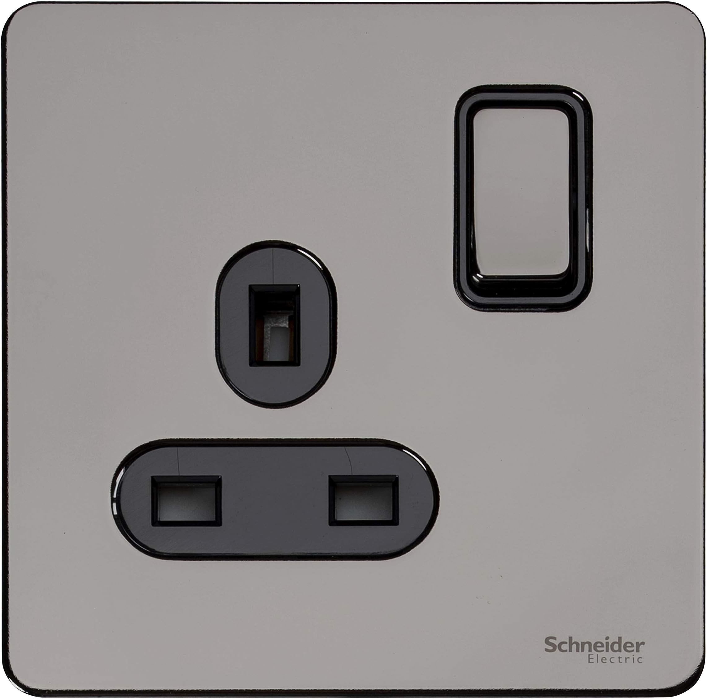 Schneider Electric Ultimate Screwless Flat Plate - Switched Single Power Socket, Single Pole, 13A, GU3410BBN, Black Nickel With Black Insert