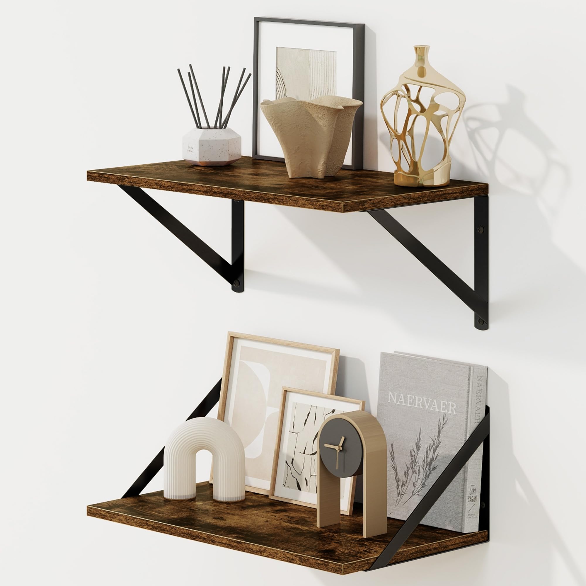 Fun Memories Deep Floating Shelves for Wall, 40 x 20 cm Wall Mounted Shelves Set of 2, Wide Display Ledge Shelf with Sturdy Metal Brackets for Living Room, Bathroom, Bedroom and Kitchen, Rustic Brown — image 1