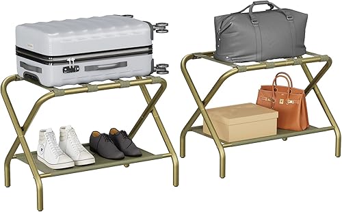 Miniatura 9 de Smuxee Portaequipajes dorado paquete de 2, soporte plegable para maleta con estante de almacenamiento de tela, portaequipajes con 4 correas de