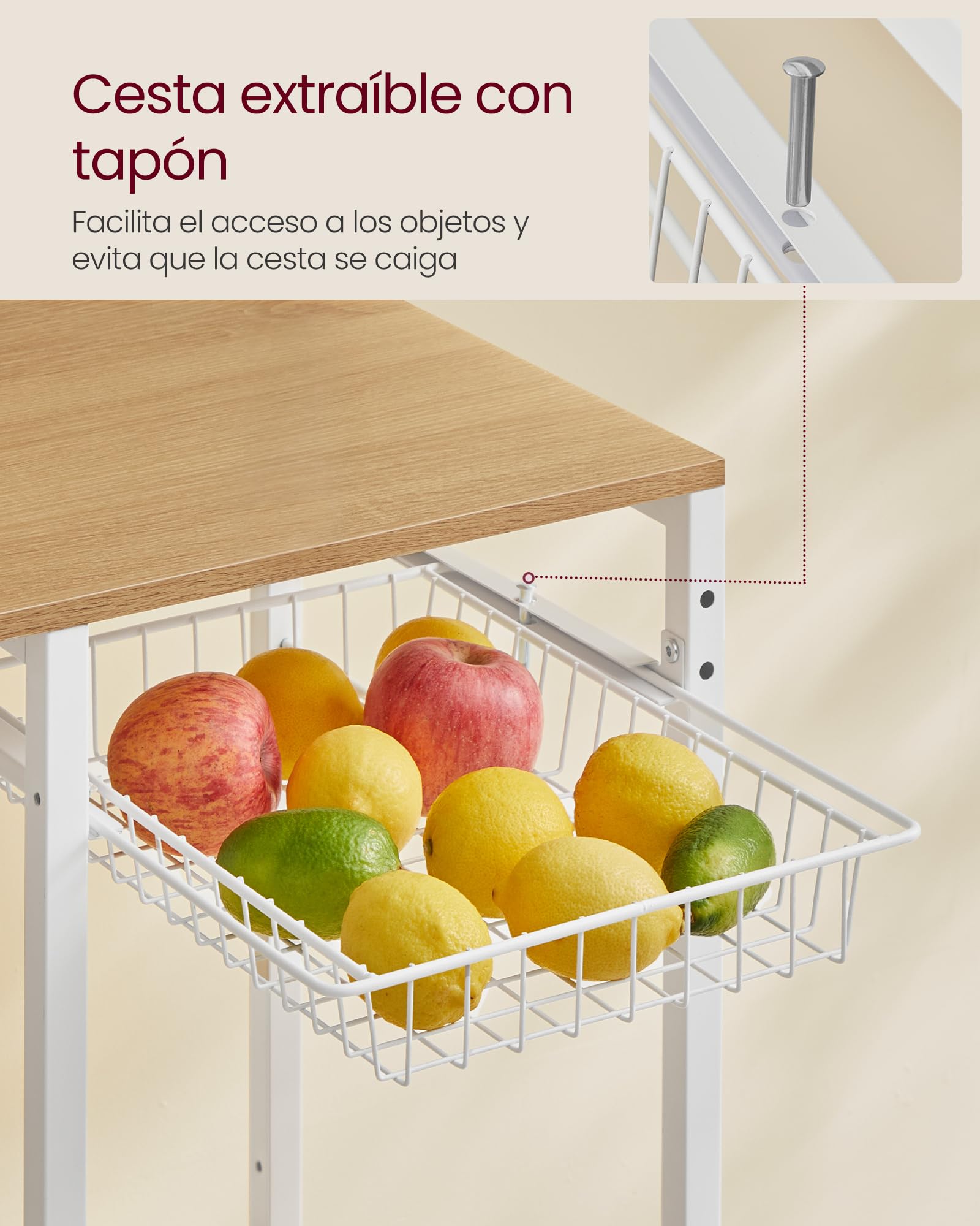 VASAGLE Estantería de Cocina con Enchufes, Estantería de Panadería, Barra de Café, 8 Ganchos en S, Cesta, Especiero, 40 x 90 x 165,5 cm, Roble Dorado y Blanco Nube KKS031Y19