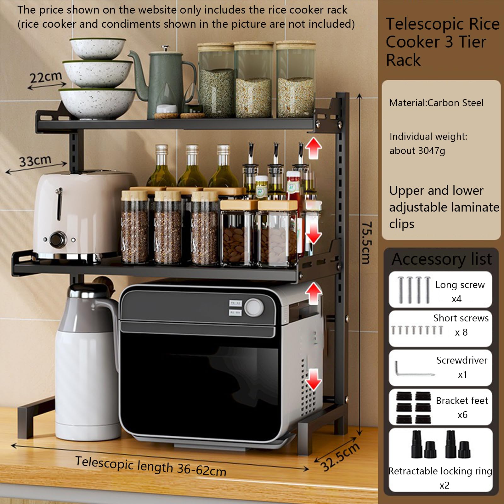 Etagère pour Four à Micro-Ondes Extensible Support Ajustable Etagère pour comptoir de Cuisine Organisation pour comptoir de Cuisine 3 Niveaux avec Rangement (Gris,3 Plis rétractable)
