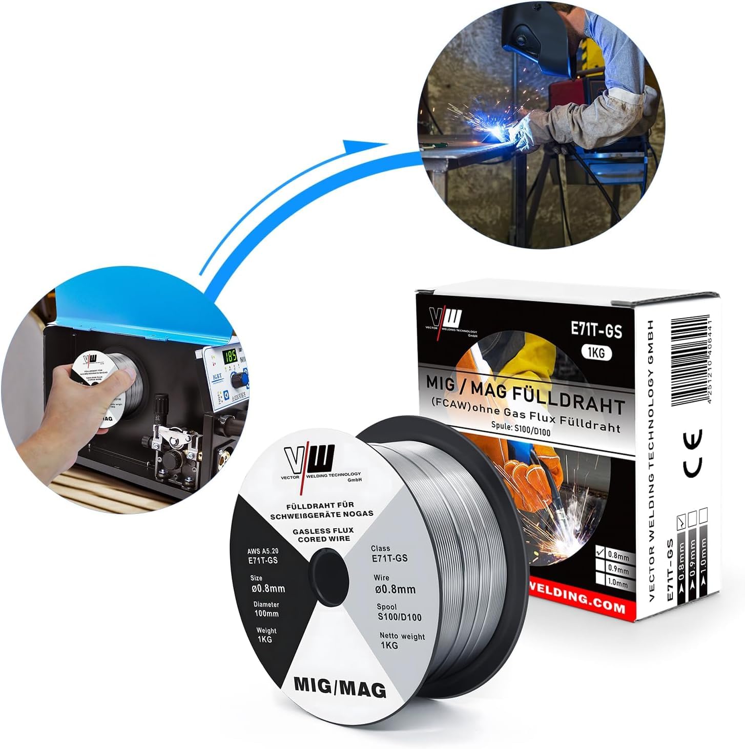 VECTOR WELDING Filo Animato E71T-GS 0,8mm 3KG Bobina MIG MAG D100 Saldatura Universale