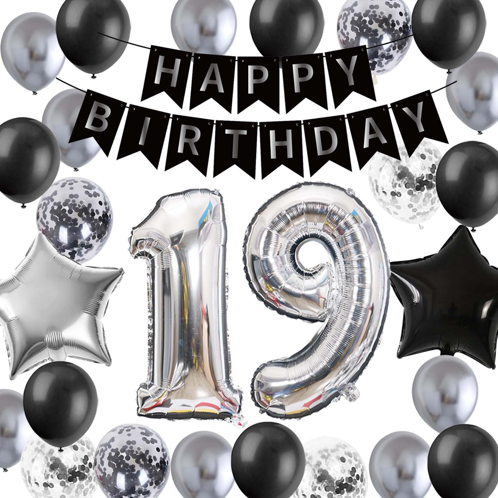 Luftballon 19. Geburtstag Deko, Schwarz 19. Banner Metallische Silber Konfetti Ballons Nummer 19 Folienluftballon für Männer 19. Geburtstag Party Ihn 19. Party Dekoration(19.)
