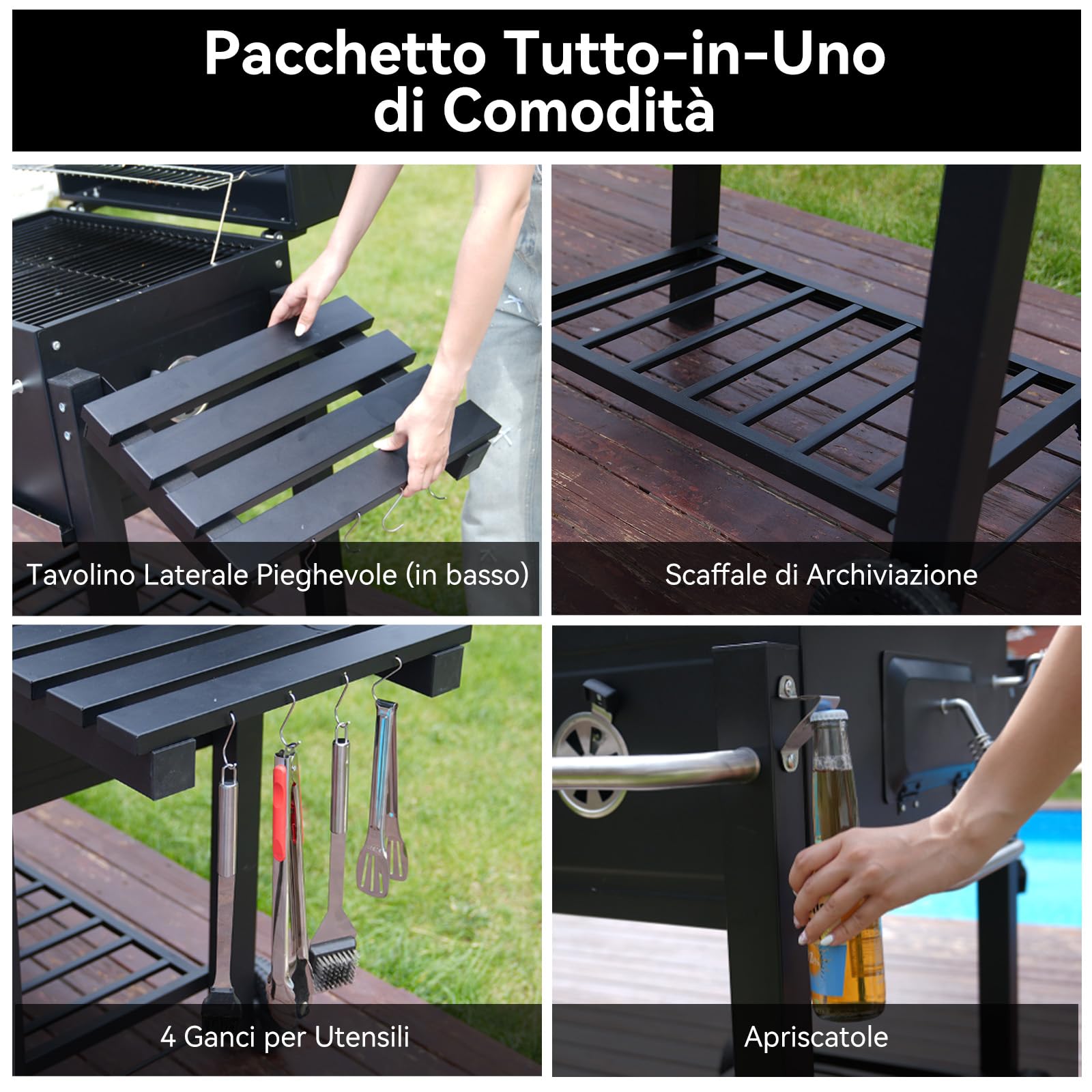 Barbecue a Carbonella, Barbecue con Coperchio, Superficie Cottura: 56×42,5 cm, Vassoio Carbone Regolabile in Altezza, Tavolino Laterale Pieghevole, Con Copertura Barbecue da Esterno