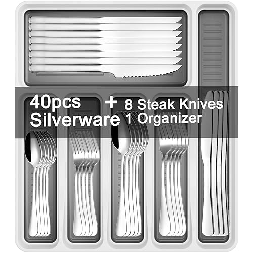 49-Piece Stainless Steel Silverware Set with Cutlery Organizer, Service for 8 with Steak Knives and Kitchen Utensils (49PCS Silverware with Tray)