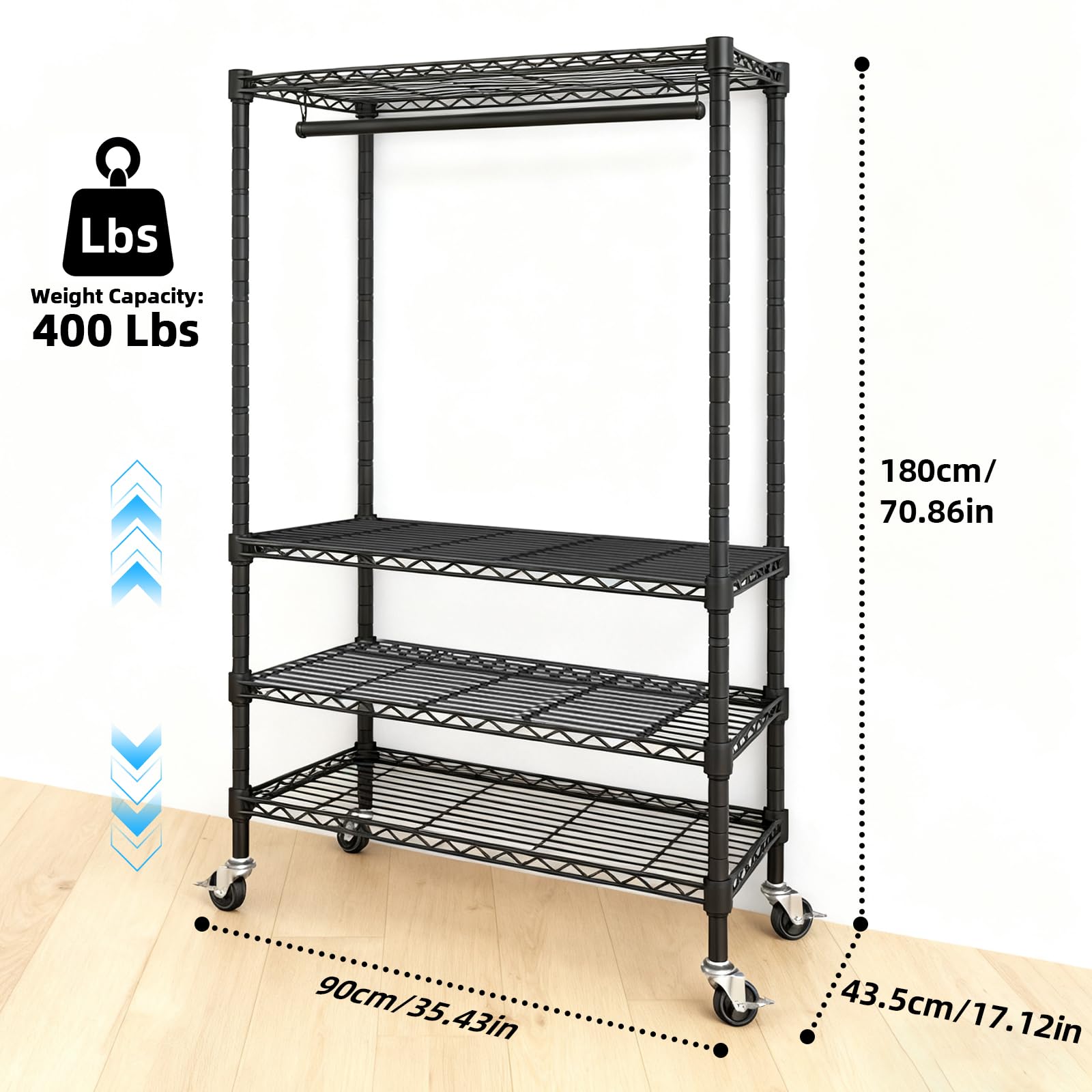 Kleiderständer auf Rollen mit Feststellbaren Rollen und Seitlichen Haken | Schwerlast Kleiderständer Metall Garderobenständer, Kleiderschrank offen für Schlafzimmer, Wohnzimmer - 90 D x 43,5 W x 180 H