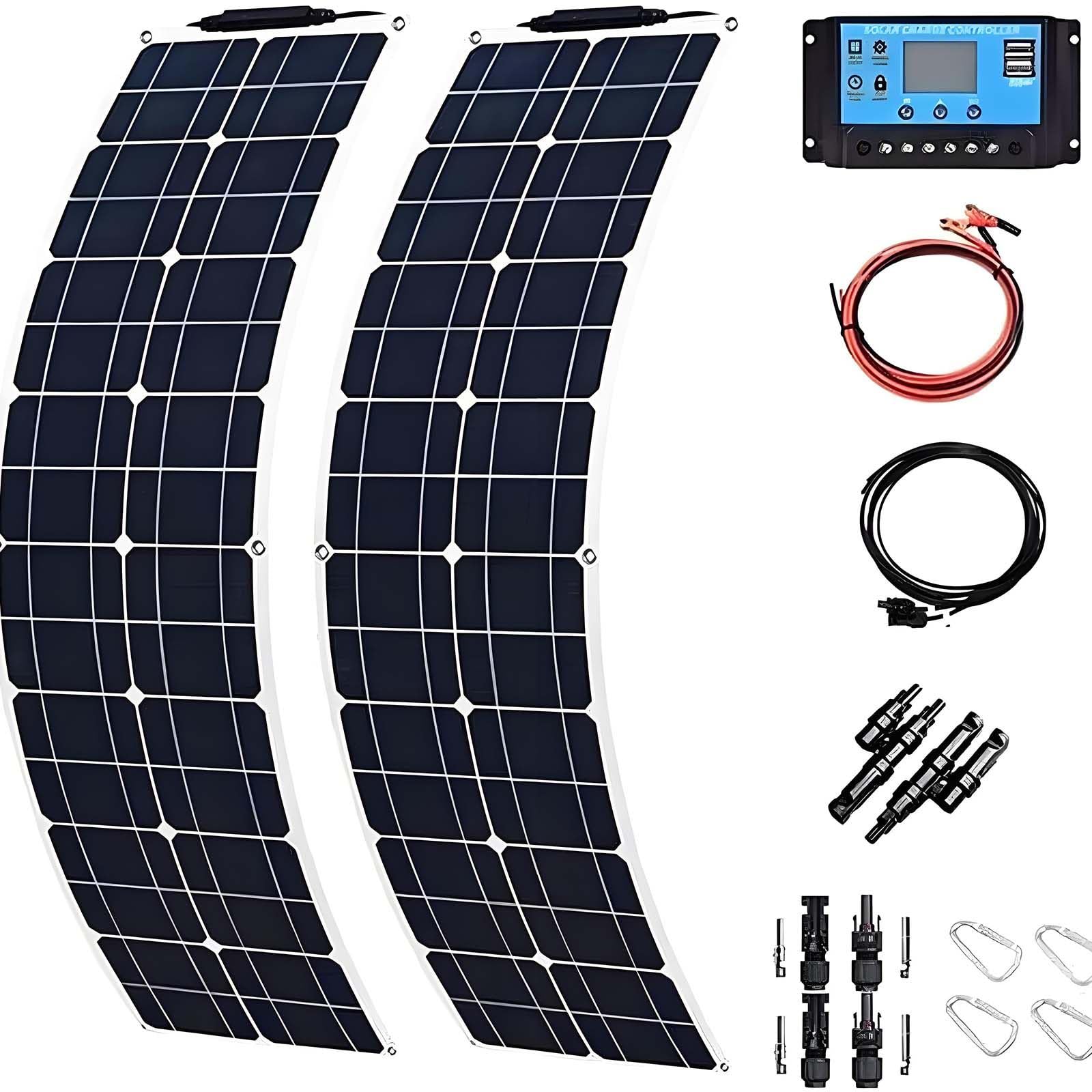 Elastyczne panele słoneczne 200W/400W,elastyczny zestaw monokrystalicznych paneli słonecznych z regulatorem ładowania 40 A do ładowania akumulatorów 12–24V w samochodach kempingowych i kamperach 400W