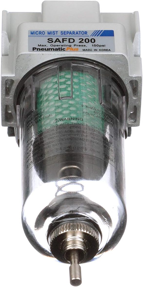 PneumaticPlus SAFD200-N02B Miniature Compressed Air Coalescing Filter, 0.01 Micron 1/4" NPT - Poly Bowl, Manual Drain, Bracket