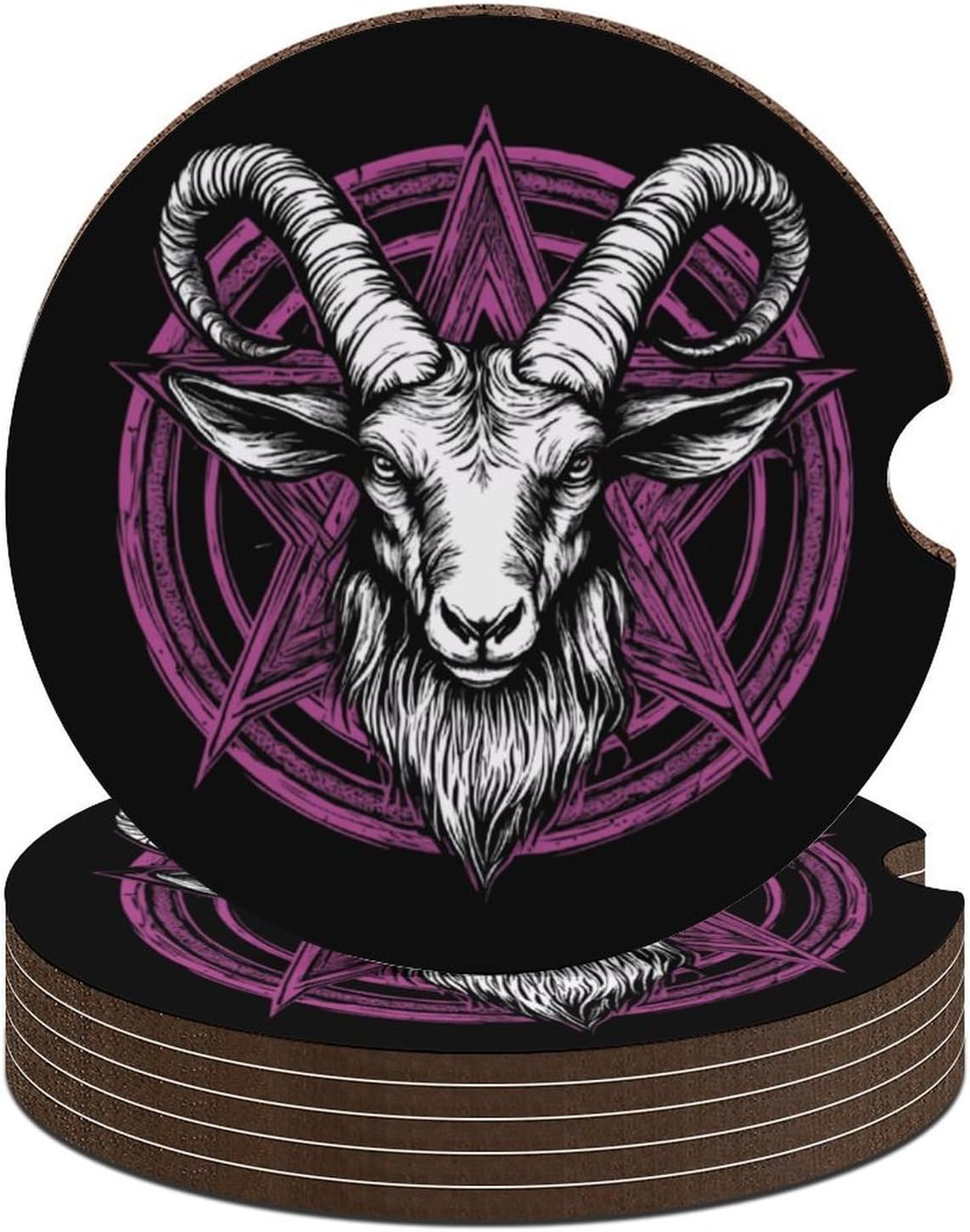 Baphomet Satanic Goat Head Cute Car Coasters 2.56 Inch Absorbent Cup Holder for Drinks Auto Interior Accessories