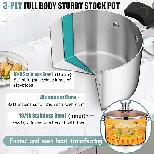 Miniatura 4 de TeamFar Olla de acero inoxidable, olla de cocción de pasta de tres capas de 6 cuartos con tapa y asas resistentes al calor, para cocina eléctrica de