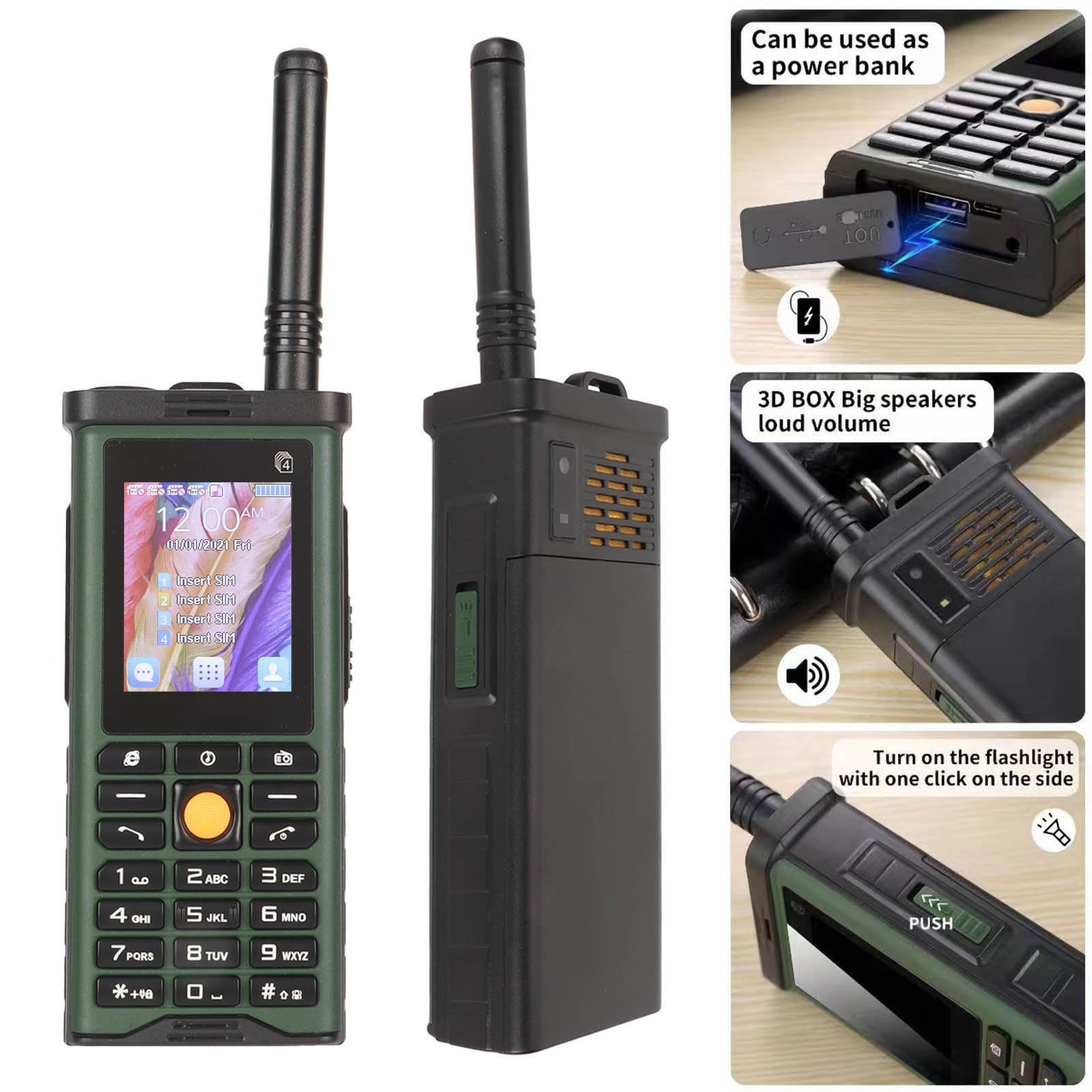 Telefon Komórkowy dla Seniorów, Telefon Komórkowy na 4 Karty SIM Funkcja Latarki Zdejmowany Pręt Anteny do Użytku na Zewnątrz (Zielony)