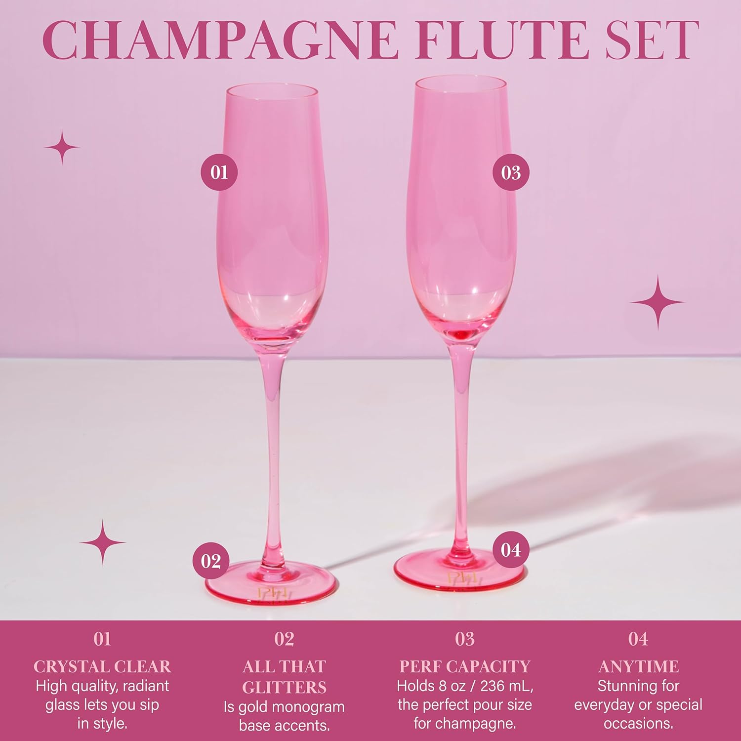 Paris Hilton Champagne Flute Set, Handmade Glass Collection in Paris Signature Pink, Perfect for Parties and Special Occasions, Serve Champagne, Prosecco, Mimosas and More, 8-Ounce, 2-Piece Set, Pink