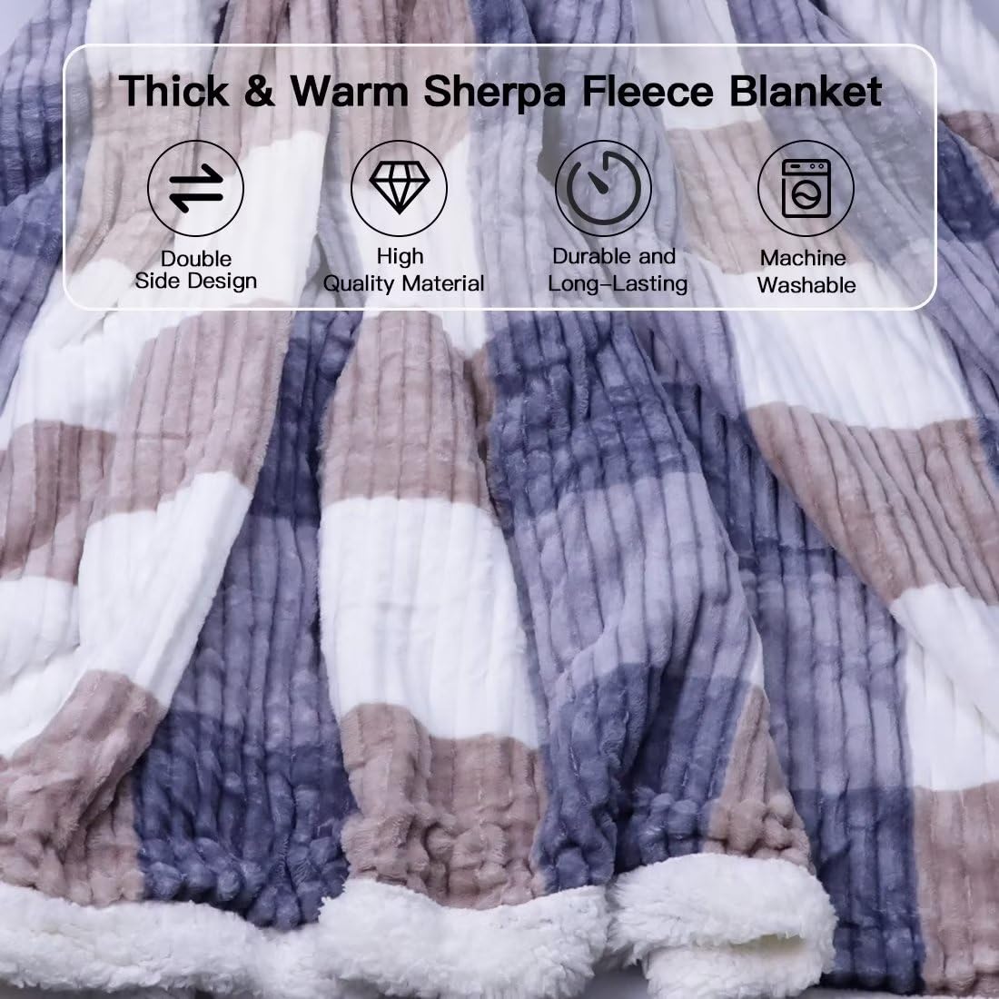 AHERKLL Sherpa Fleece Blanket – Reversible Ribbed Throw, 130x160cm, Ultra Soft For Bed & Sofa