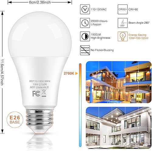 Miniatura 9 de Bombillas LED, bombillas LED A19 equivalentes a 100 W, 13 W, 5000 K, luz blanca diurna, 1500 lúmenes, no regulables, brillantes, E26 Edison