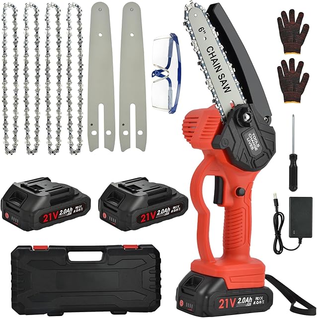 Chain Saw for Cutting Trees, 6inch Mini Chainsaw Tree Cutter Cordless Chain Saws Electric Wood Branch Pruning Saws with 2 Pack 2.0Ah Battery, 4 Chains and Safety Lock