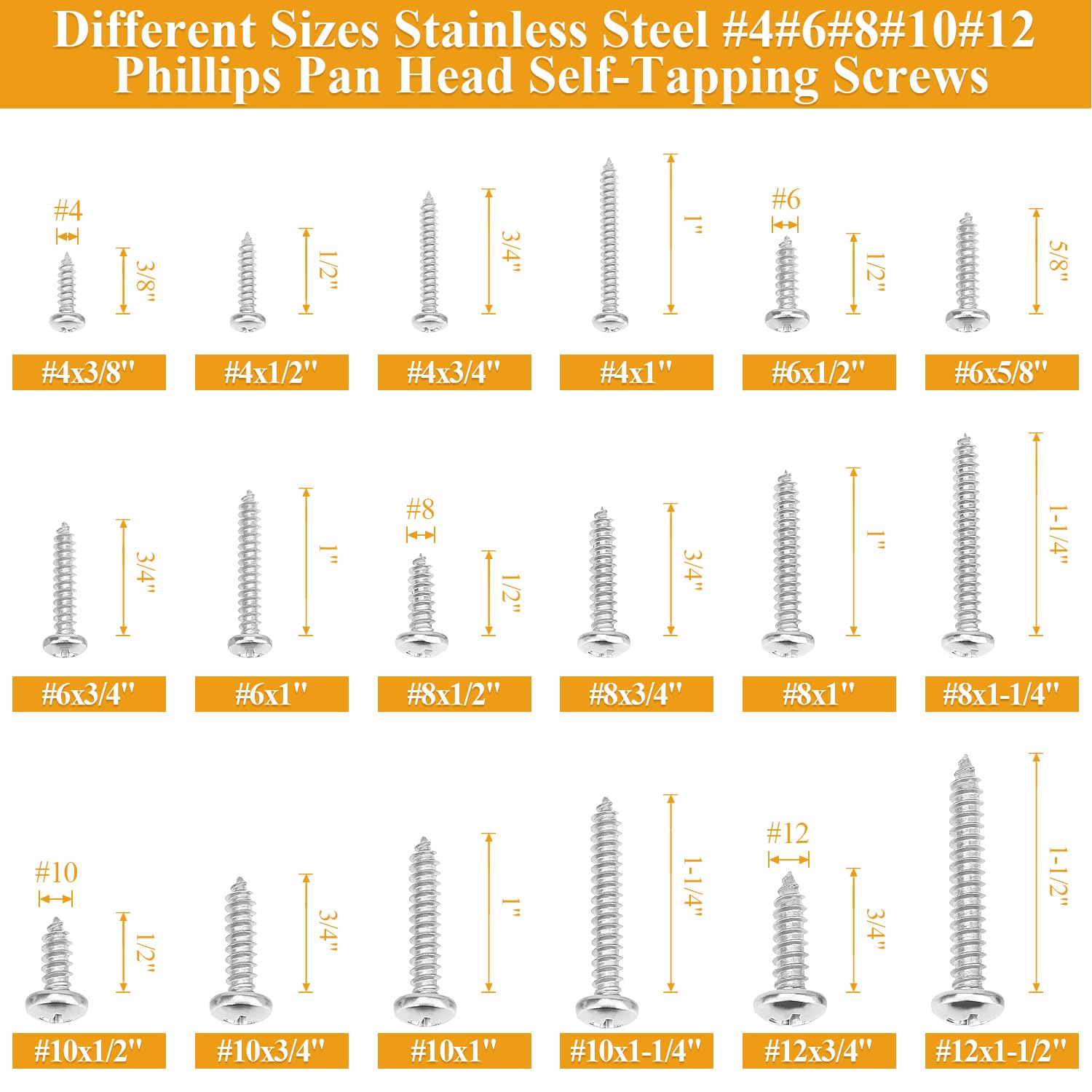 545 Pieces #4#6#8#10#12 Wood Screws Set, Phillips Pan Head #4#6#8#10#12 Self-Tapping Screws Assortment Kit, 304 Stainless Steel