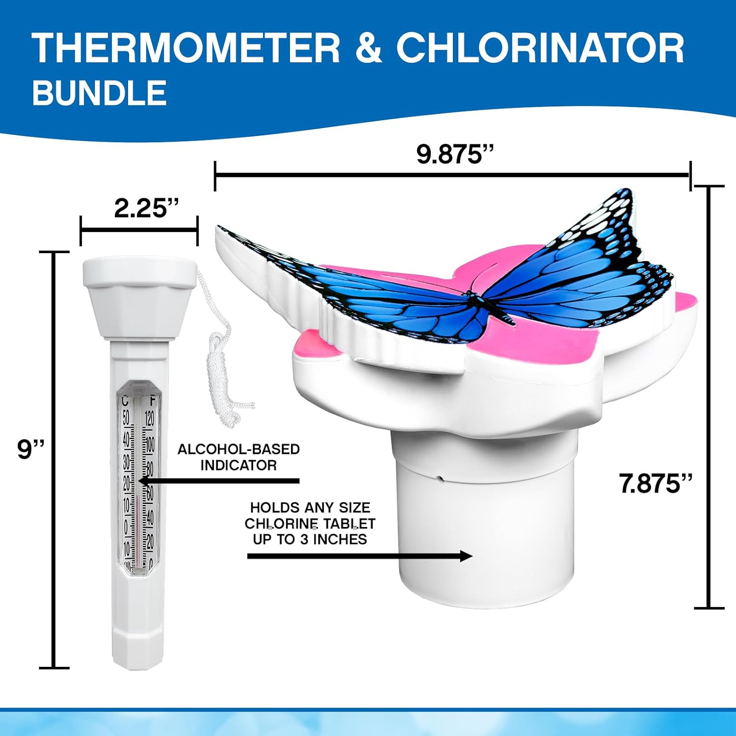 Poolmaster Pool Maintenance Essentials 2-Pack, Blue Butterfly Floating Chlorine Dispenser with Adjustable Control for Balanced Clean Pool Water and Classic Pool Thermometer for Water Temperature