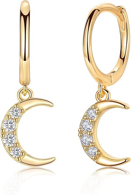 14K Gold Plated Dangle Hoop Earrings, Sterling Silver Post Drop Hoops | Small Hypoallergenic Huggie Earrings | Dainty Sun Moon Star Earrings
