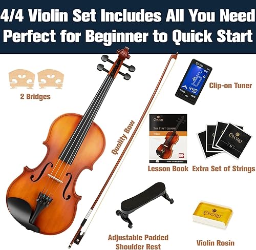 Miniatura 8 de Violín Mendini de madera sólida, libro de lecciones, cuerdas extra, sintonizador violín, arco y estuche Satén Antiguo