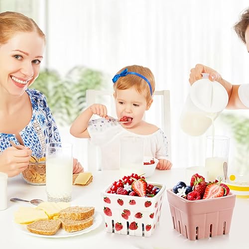 Miniatura 6 de Paquete de 4 cestas de bayas de cerámica, cuencos cuadrados de frutas de 4.6 pulgadas con agujeros, recipientes de bayas rosas y blancas para