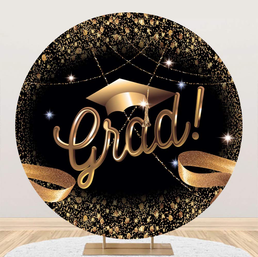 DASHAN 7.2ft Grad Round Backdrop Cover Graduation Bachelor Hat Sequins Gold Black Polyester Photography Background Supplies for Class of 2026 Congrats