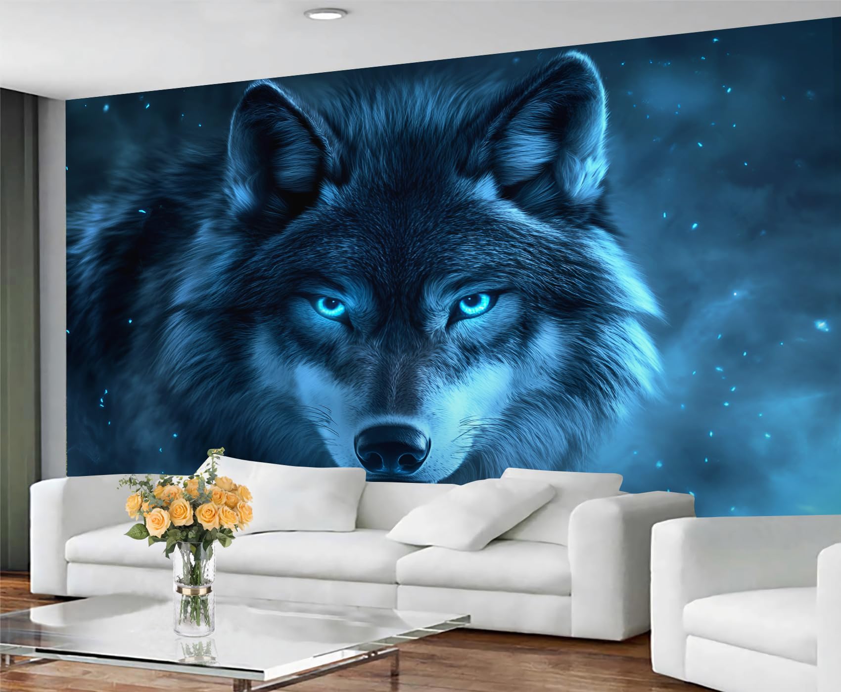 Wolf Wallpaper, Galaxy Wolf Self Adhesive Wallpaper for Living Room, Renter Friendly Wall Paper for Bedroom, Blue Animal Wall Mural - Large Home Decor 300x210 cm — image 1