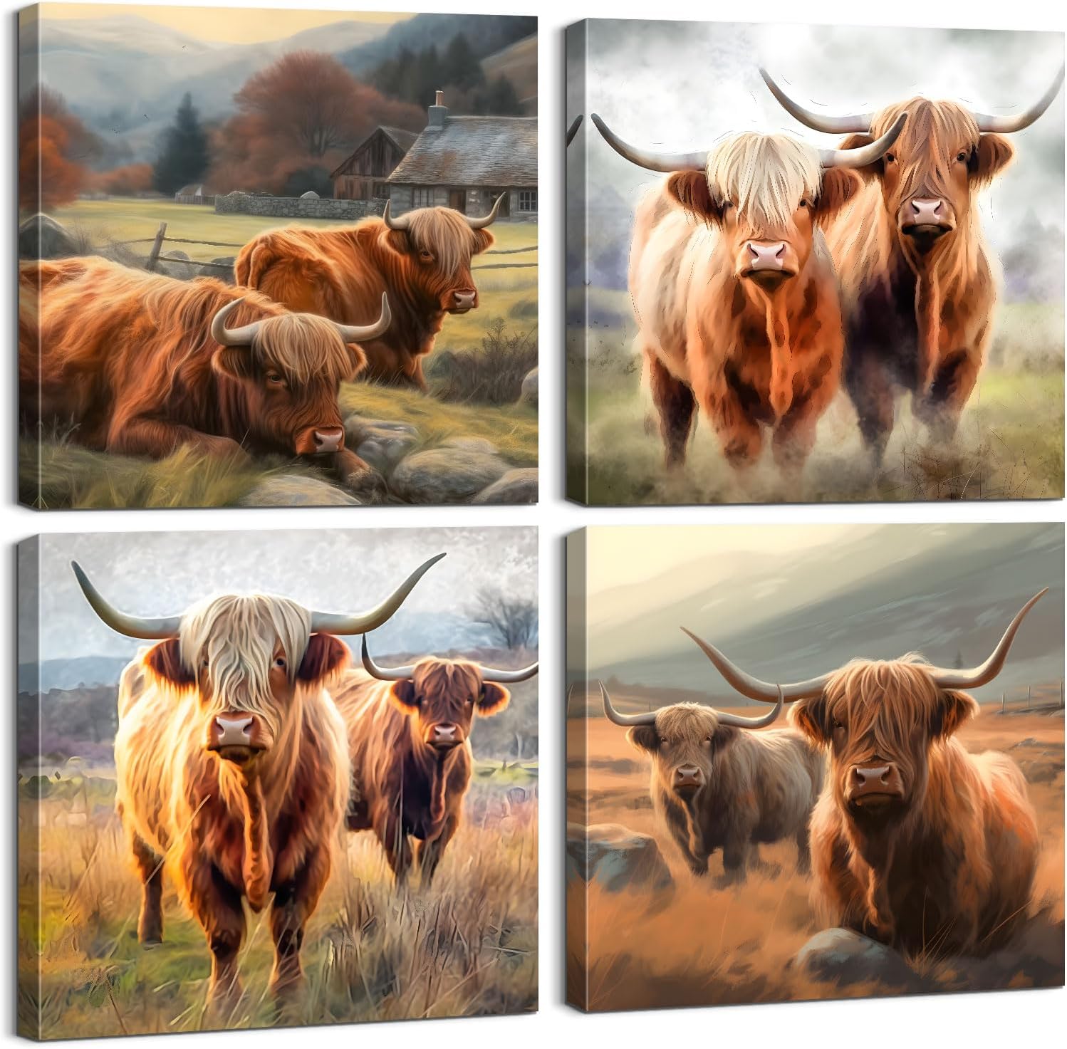 Mistyefly 4 Piece Highland Cow Wall Art Farmhouse Wall Art Cow Pictures Wall Decor Animal Wall Art Highland Cow Picture Cow Wall Art Farmhouse Pictures for Bedroom Farmhouse Decor (12''WX12''HX4PCS) Art-23 12''WX12''HX4PCS
