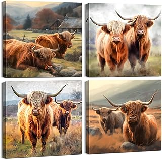 4 Piece Highland Cow Wall Art Farmhouse Wall Art Cow Pictures Wall Decor Animal Wall Art Highland Cow Picture Cow Wall Art Farmhouse Pictures for Bedroom Farmhouse Decor (12''WX12''HX4PCS)