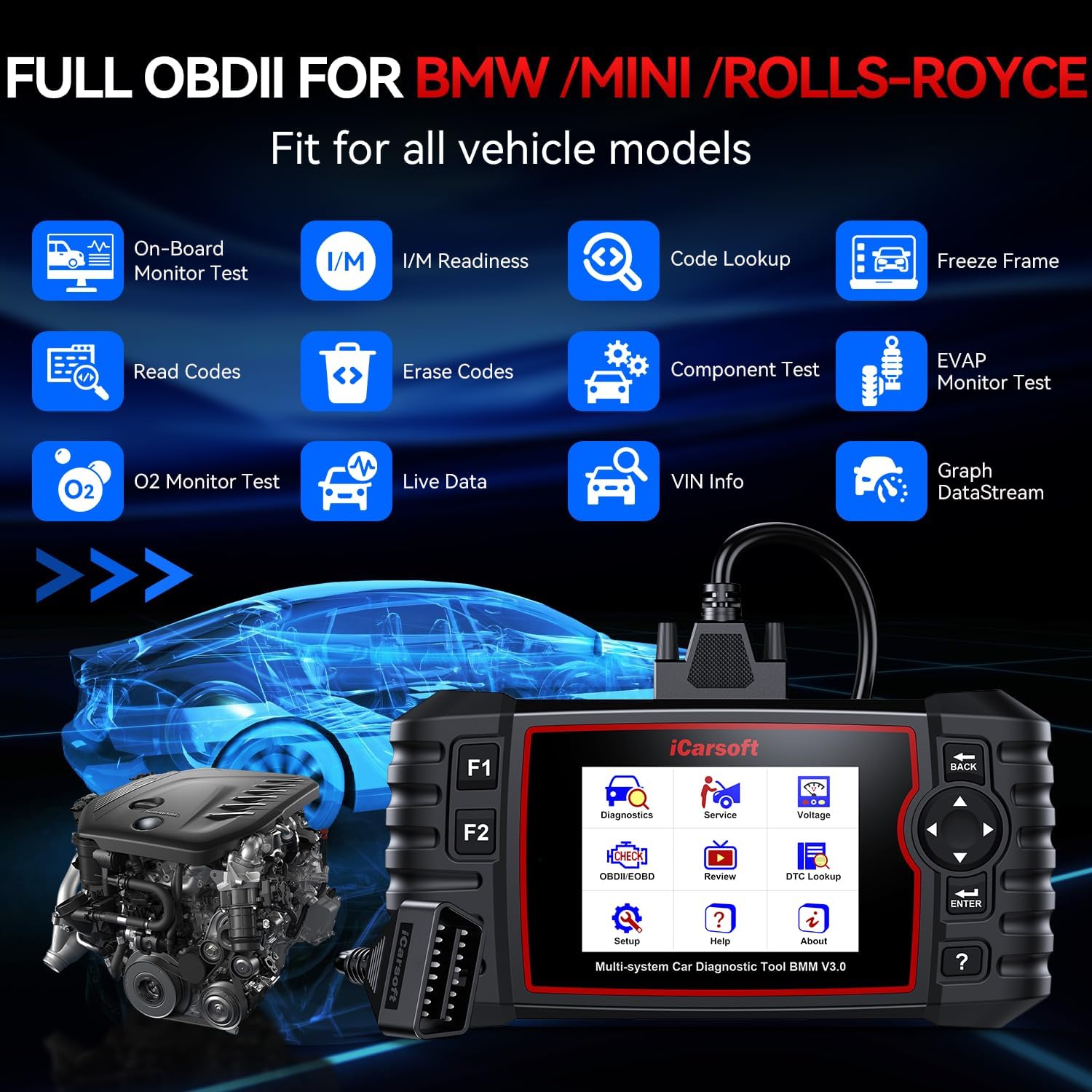 Image displaying various full OBDII functions for BMW/Mini/Rolls-Royce, including Read/Clear DTCs, Live Data, O2 Sensor Tests, and I/M Readiness.