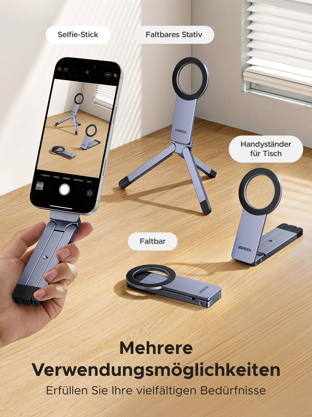 UGREEN Magnetisches Handy Stativ, Aluminium Magsafe Stativ, Mit 1/4"-20 Gewindebohrung, Multifunktionaler Tragbarer Selfie-Stick Kompatibel mit iPhone 17 16 15 14 13 12 Sumsung und Magsafe Hülle