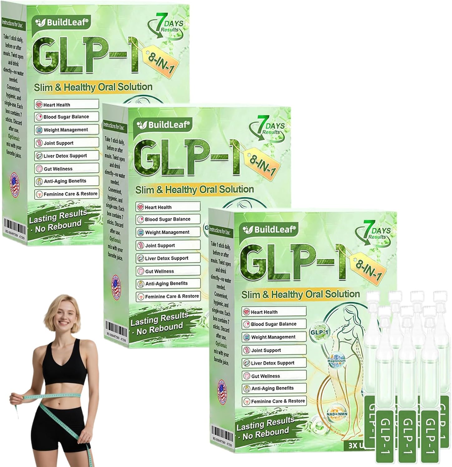 Buildleaf GLP-1 8-in-1 Slim & Healthy Oral Solution, Natural Advanced Body Care Liquids Drop, Promote Intestinal Digestion, GLP-1 Drops for Women and Men, Firming Skin and Body Shaping Care (3 Box)