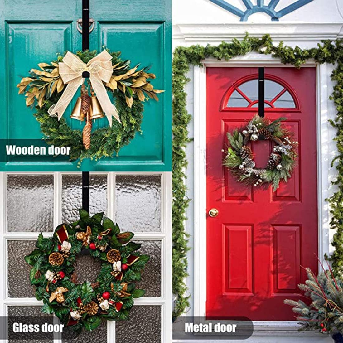 2 Pcs Front Door Metal Wreath Hanger for Christmas Over The Door Single Hook Holder for Practical Party Decoration, Hanging Clothing, Towels, Wreaths, Bags (Matte Black)