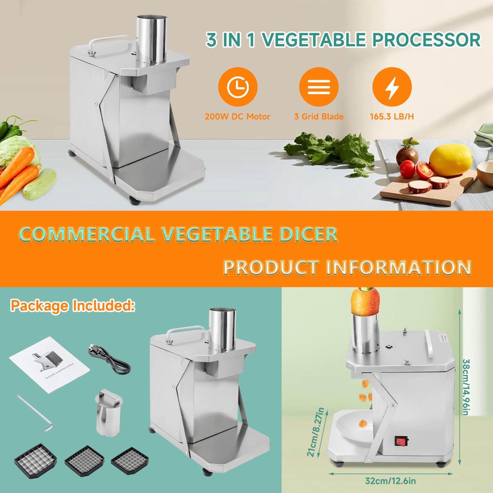 Dicer di Verdure Commerciali con Lame a Griglia 3X, Acciaio Inossidabile Gravoso, Macchina Elettrica da 200 W per Cubetti di Carote di Patate