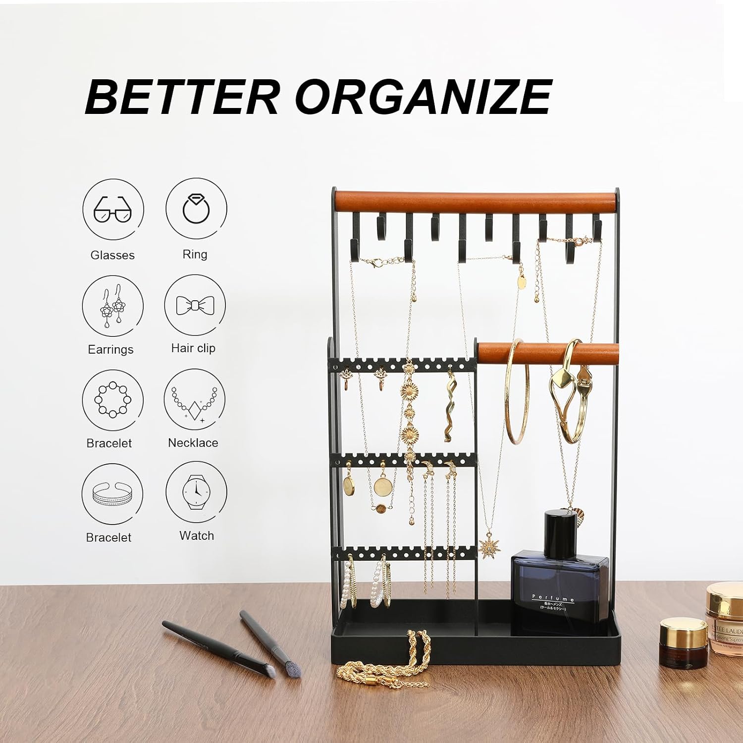 Jewelry Organizer Stand Jewelry Tower Display Holder, 4-Tier Jewelry Tower Rack, 10 Hooks Necklaces Hanger Jewelry Stand with 72 Holes for Earring Holder - Modern Black