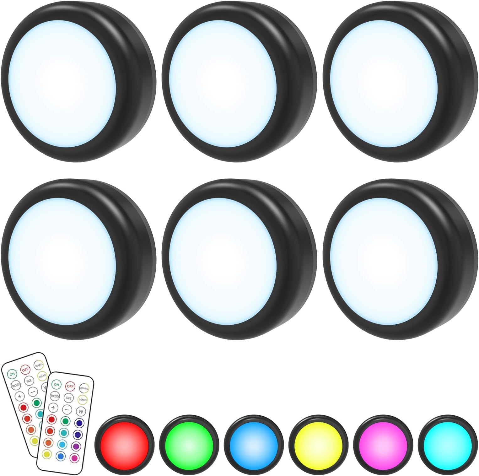 Cadrim Puck Lights, 6 Pack Black 13 Colors Changeable Under