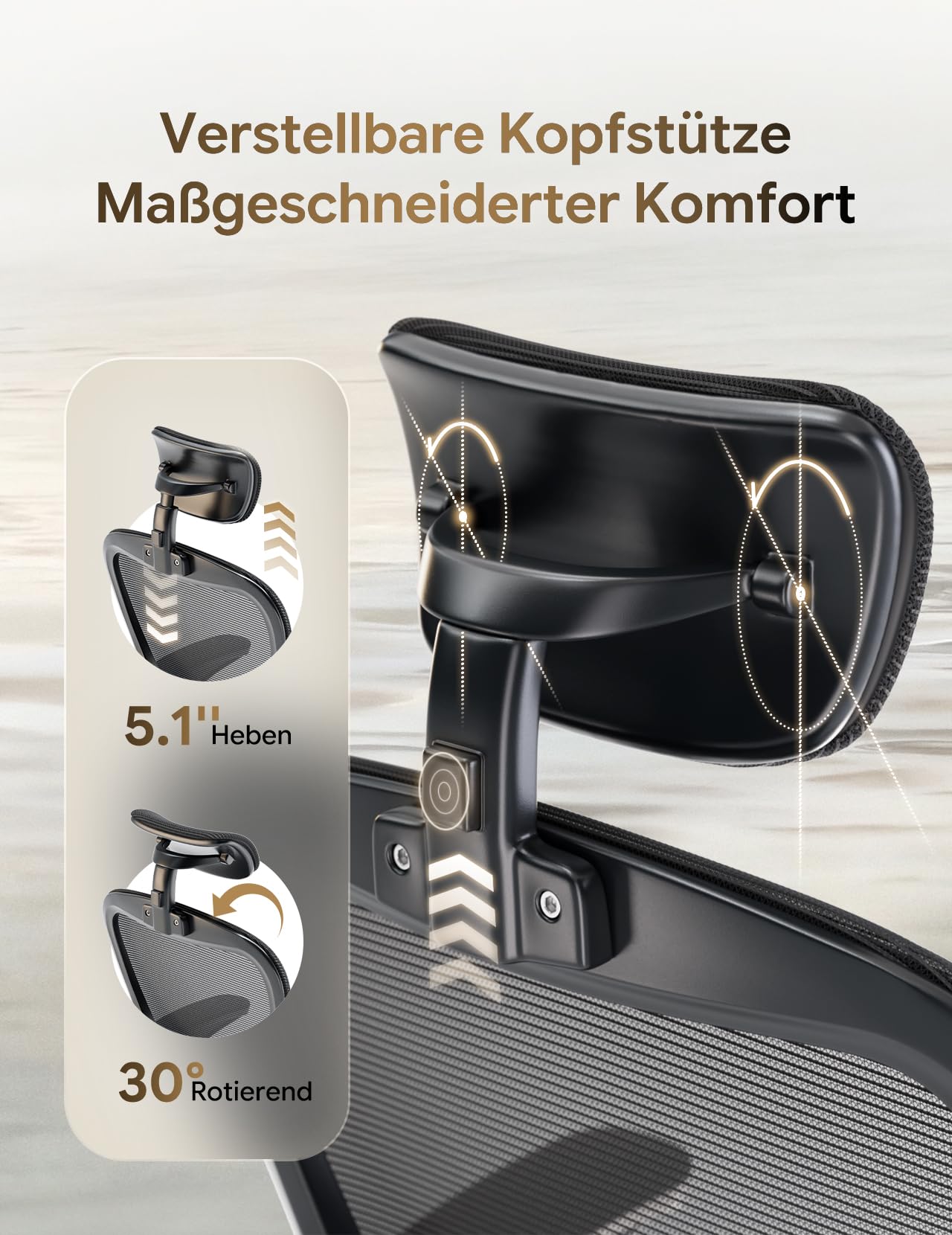 Bürostuhl, ergonomischer Schreibtischstuhl mit Verstellbarer Lendenwirbelstütze und Kopfstütze, Computerstuhl mit hoher Rückenlehne aus Netzgewebe und hochklappbaren Armlehnen